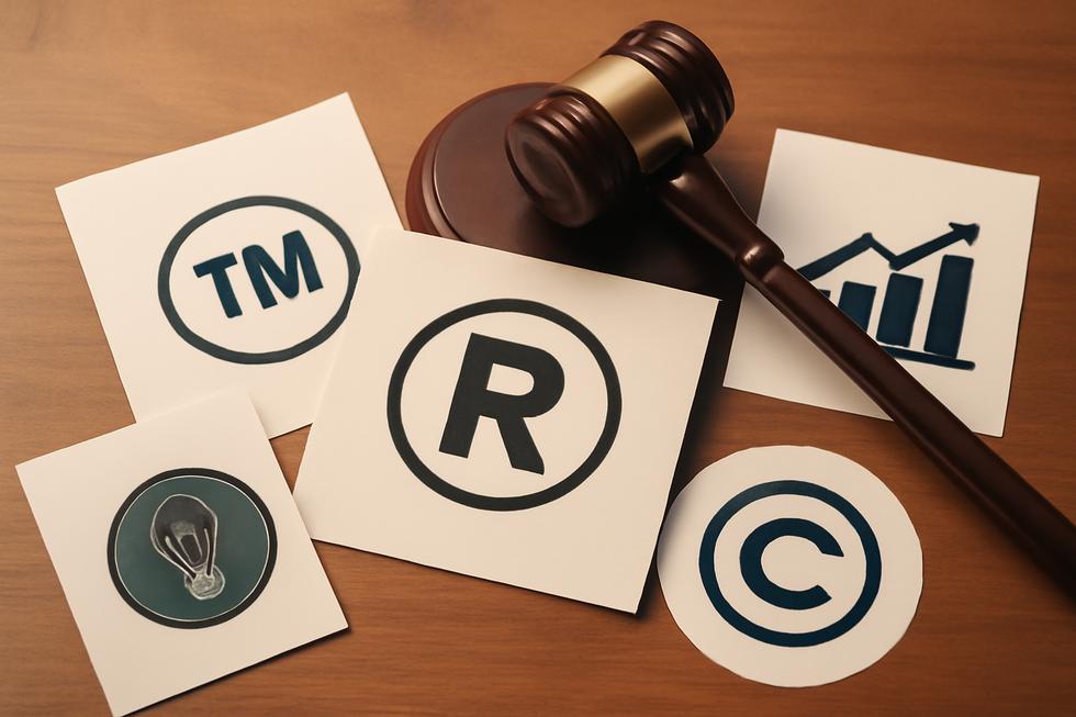 An artistic depiction of trademarks symbolizing business strategy and intellectual property.