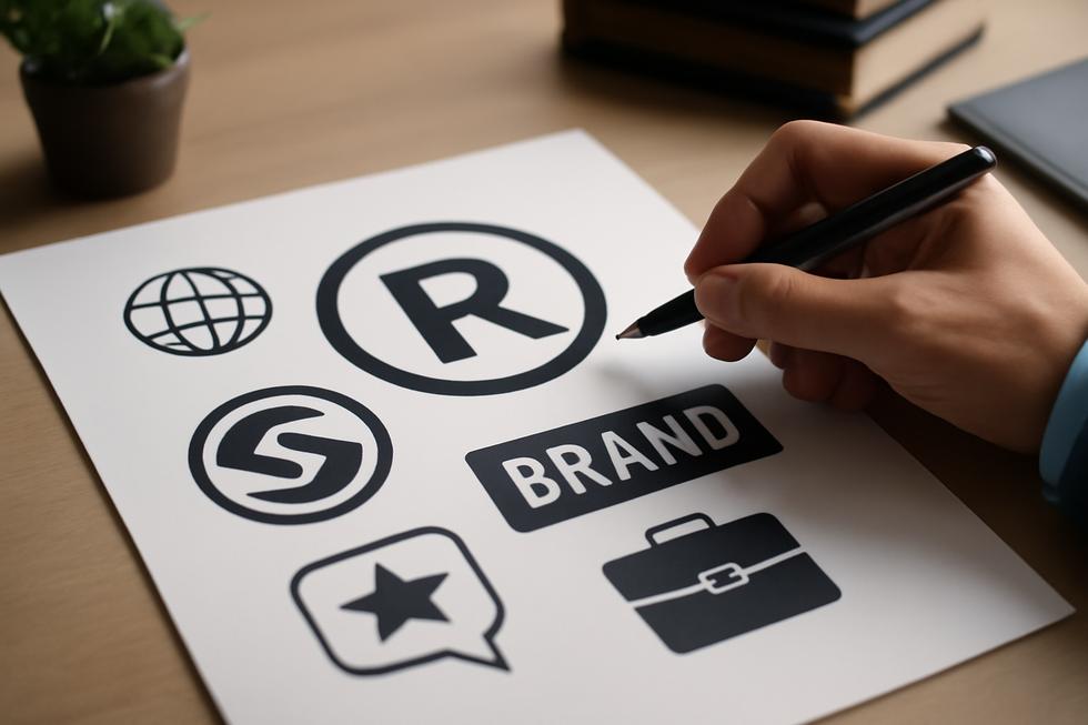 A cover image showcasing branding elements and trademark symbols, symbolizing the importance of protecting a brand name.