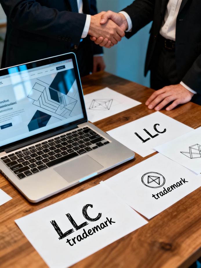A modern workspace showcasing LLC and trademark elements.