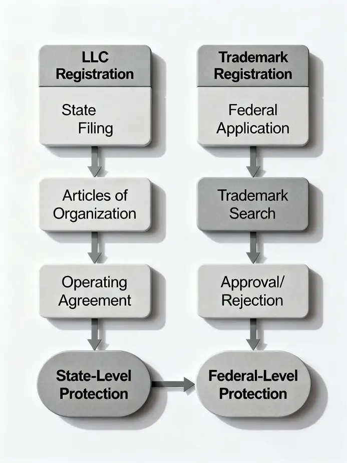 Visual representation of the roles of LLC and trademark in business ownership.